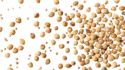 Coriander seeds falling on transparent background: spice and flavor enhancement