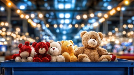 Teddy bear display at toy factory industrial environment product photography warm lighting playful concept