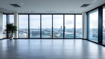Fototapeta premium Modern Office Space with Large Windows Offering Stunning City View : Generative AI