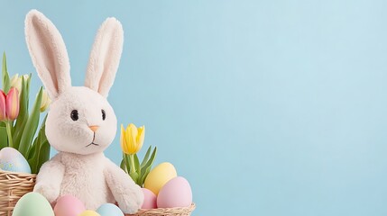 Obraz premium A Cute Plush Bunny Surrounded by Colorful Easter Eggs and Bright Tulips for a Joyful Spring Celebration