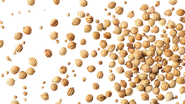 Coriander seeds falling on transparent background: spice and flavor enhancement