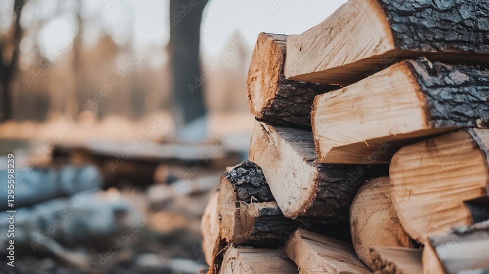 Poster stacked wood logs in a serene forest setting depicting natural rustic charm : generative ai