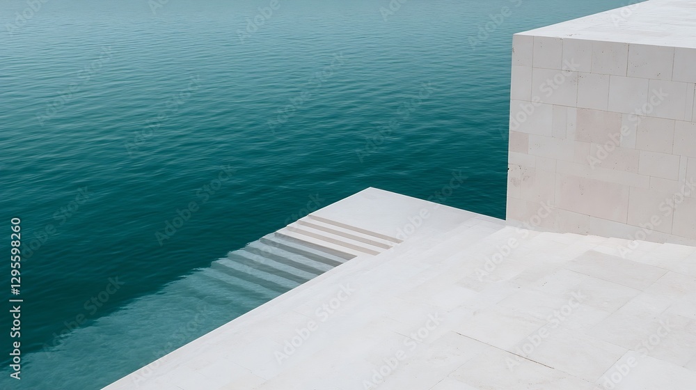Poster minimalist view of a modern architecture white staircase leading into calm turquoise water : generat