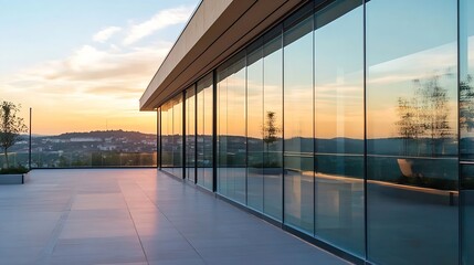Modern Glass Facade with Scenic Sunset View Overlooking City Skyline : Generative AI