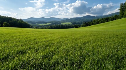 Obraz premium Vibrant green field under a bright blue sky with fluffy clouds and distant mountains in the background : Generative AI