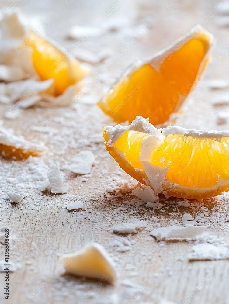 Aufkleber scattered orange segments on a wooden surface dusted with coconut flakes creating a tropical feel : 