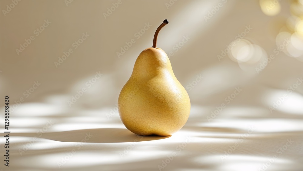 Poster golden pear stands out on a minimalist table with soft light highlighting its texture and form