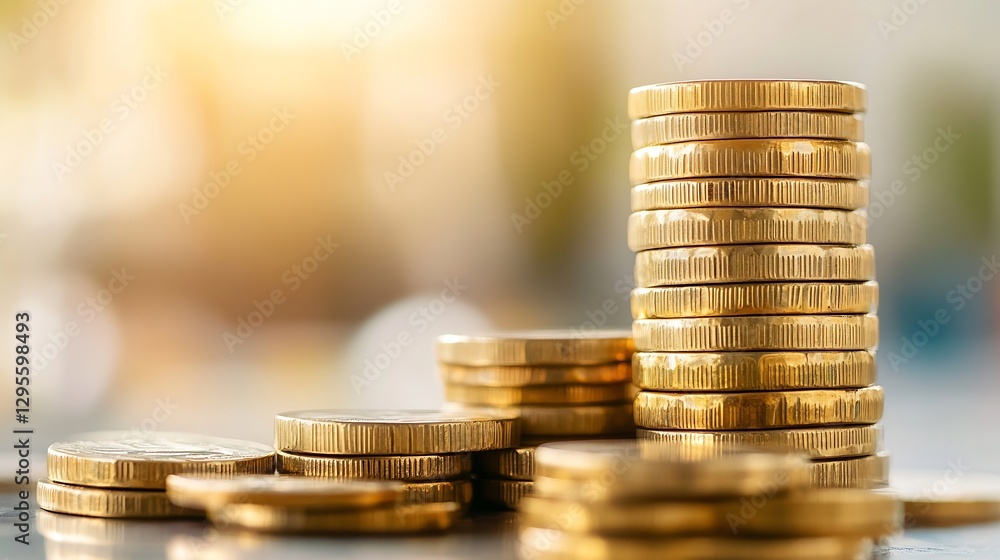 Poster piled gold coins glimmering brightly in a well lit indoor setting captured in detail : generative ai