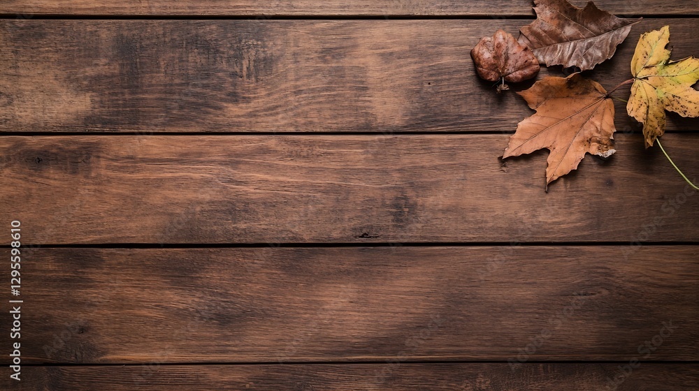 Aufkleber autumn leaves scattered on rustic wooden planks creating a warm and cozy atmosphere : generative ai