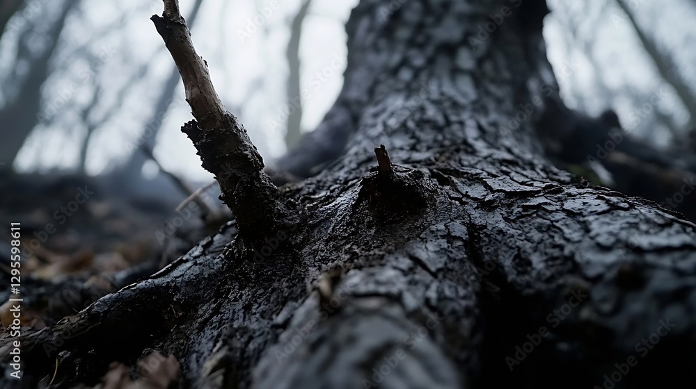 Poster beautiful close up of tree roots in foggy forest showcasing natural textures and earthy tones in glo