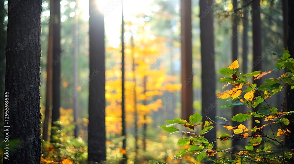 Poster beautiful autumn forest with sun rays shining through trees and colorful leaves on the ground : gene