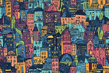 Obraz premium Doodle of imaginary cartoon city seamless pattern texture