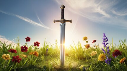 Majestic sword stands tall in a lush meadow of colorful flowers at sunset, symbolizing power and magic while evoking feelings of chivalry and courage