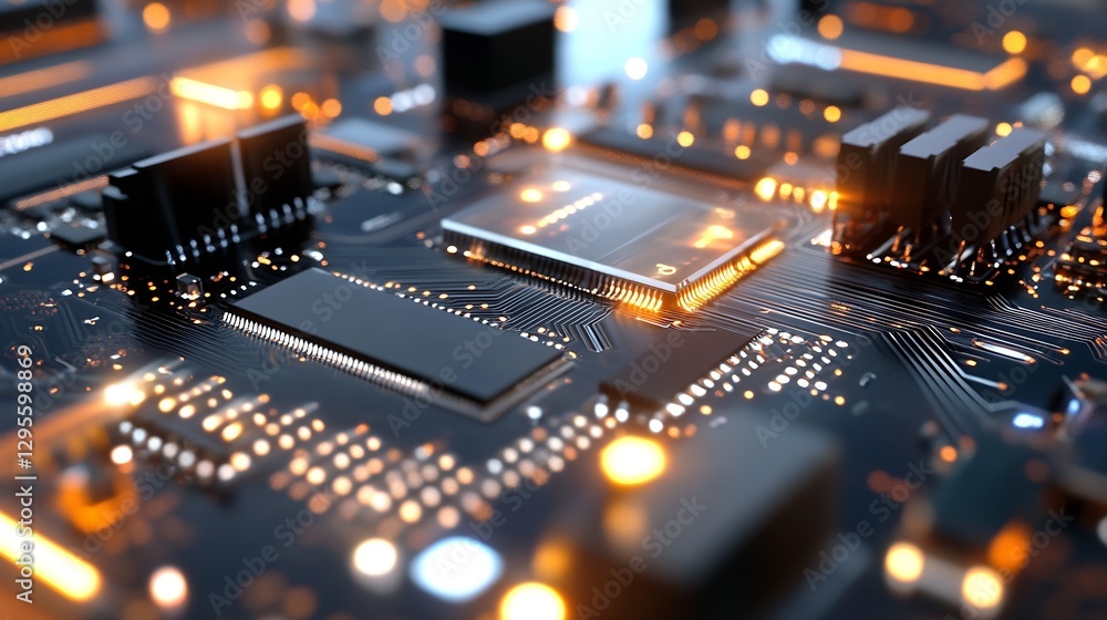 Poster Close Up of Circuit Board with Technology Components and Lights : Generative AI
