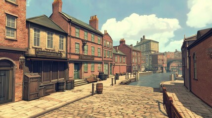 Fototapeta premium Historic Urban Scene with Brick Buildings and Waterway in Daylight