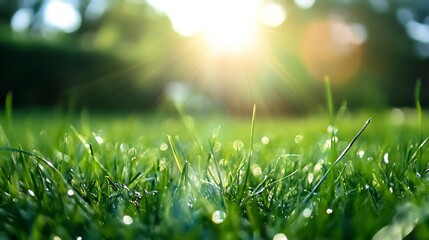 Obraz premium Close up view of dew covered grass blades in sunlight showcasing a fresh and vibrant green landscape : Generative AI
