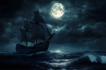 A pirate ship sails on the sea under the moonlight with turbulent sea water.