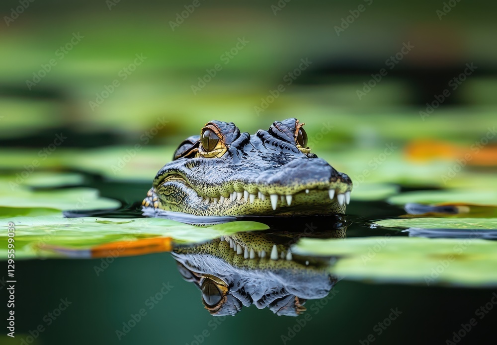 Poster close-up of alligator head emerging from water surrounded by lily pads in a serene and natural setti