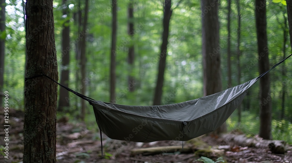 Poster peaceful hammock set up between trees in a lush green forest ideal for relaxation and escape : gener