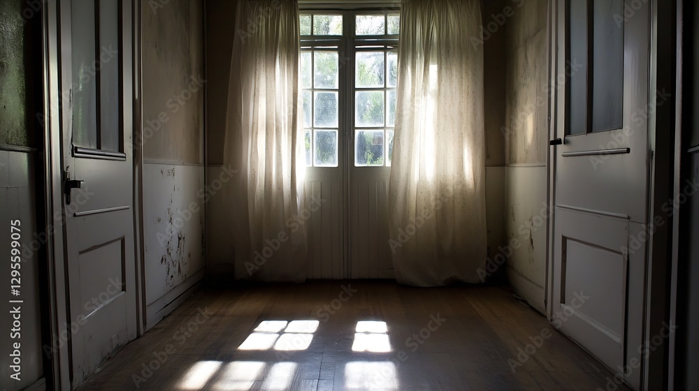 Poster Sunlight Streaming Through Windows in an Empty Corridor Invoking a Sense of Tranquility and Nostalgia : Generative AI