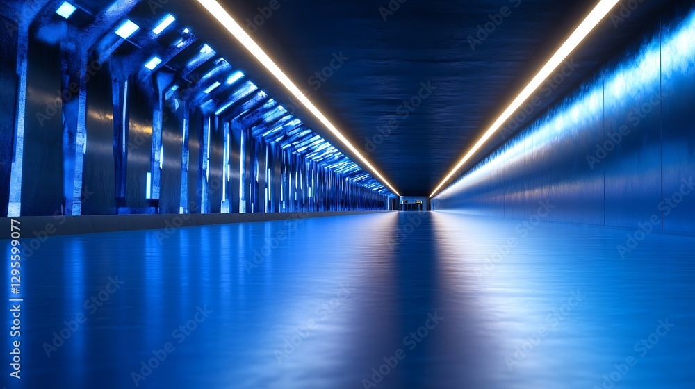 Poster modern corridor with vibrant blue lighting and sleek design offering a captivating perspective : gen