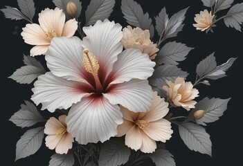 A hand-drawn illustration of hibiscus flowers in shades of gray, neutral, and beige