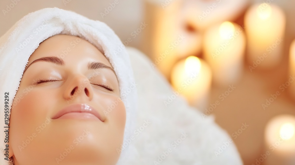 Poster relaxing spa day with a woman enjoying tranquility surrounded by candles and soft light : generative