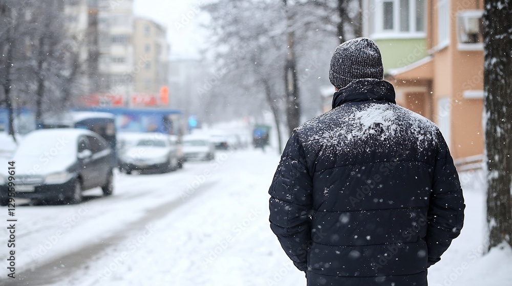 Poster man walking in a snowy urban environment with winter apparel : generative ai