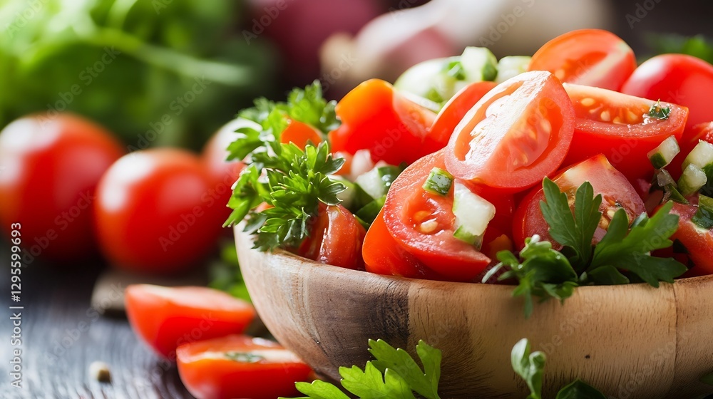 Poster fresh vibrant tomato salad with parsley on a rustic wooden table : generative ai