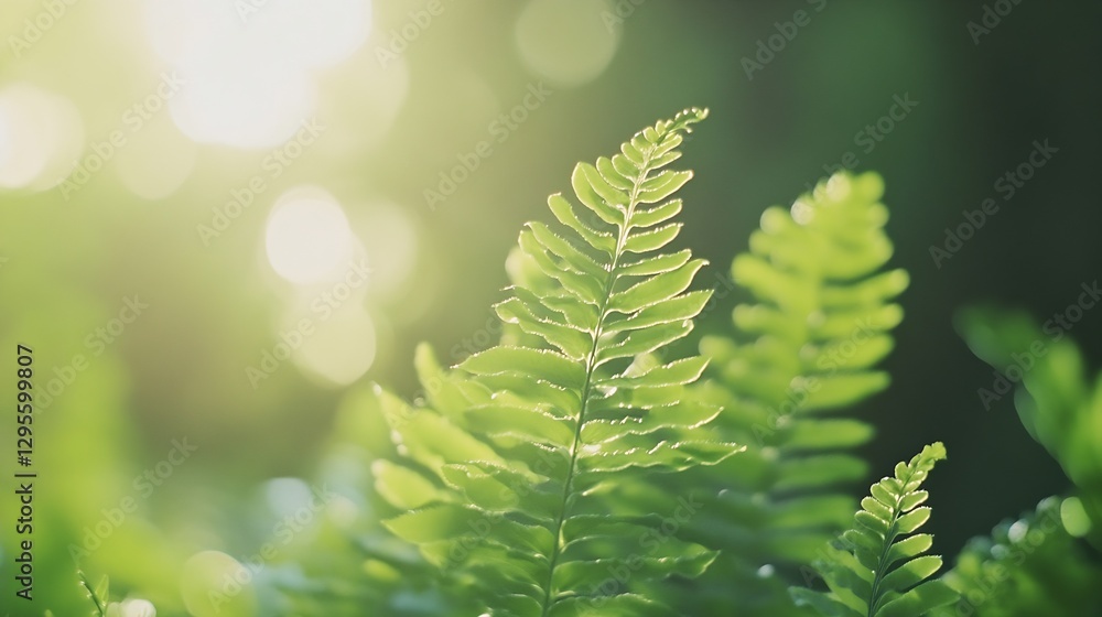 Poster close up of vibrant green fern leaves illuminated by soft sunlight in a lush natural setting : gener
