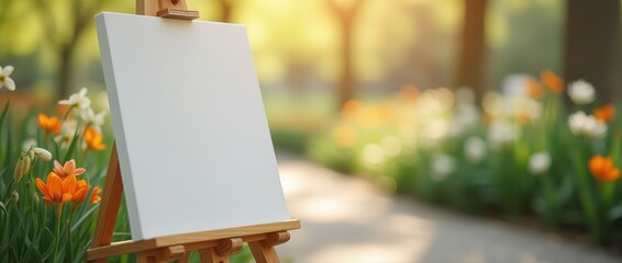 Blank canvas on wooden easel in spring garden with blooming orange and white flowers. Mockup for painting, design, or creative projects