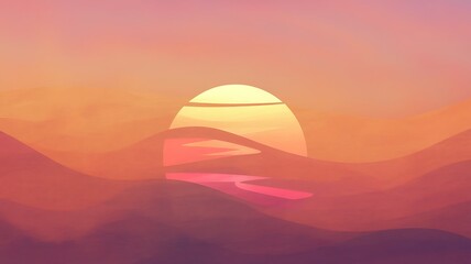 Sunset Serenity: A minimalist landscape captures the essence of a tranquil desert scene, where the sun dips below rolling sand dunes, painting the sky in hues of orange, pink, and rose.