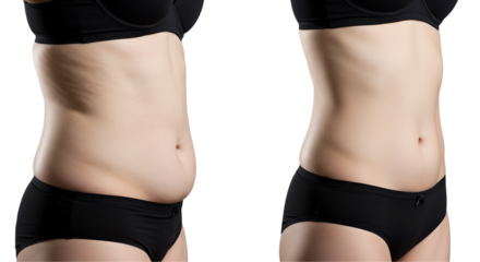 Liposuction before and after comparative images on a transparent background