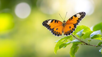 Obraz premium Beautiful orange butterfly perched delicately on green leaves amidst soft blurred background in nature : Generative AI