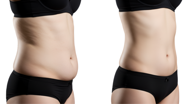 Liposuction before and after comparative images on a transparent background