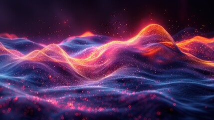 Abstract wavy digital landscape with glowing particles.