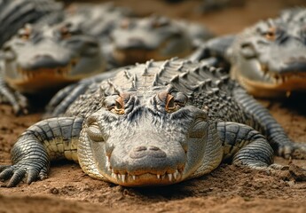 Fototapeta premium Close-Up of Alligator Resting on Ground Surrounded by Other Alligators in Natural Habitat Captured in Detail and Vibrant Colors