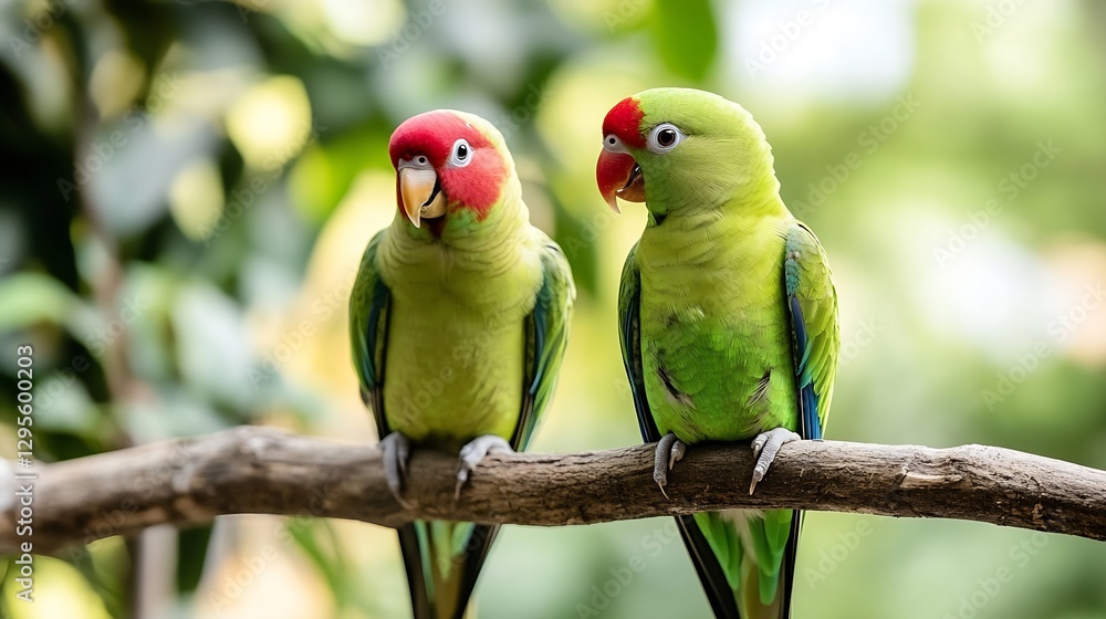 Poster two colorful parrots perched on a branch surrounded by blurred green foliage in a natural setting : 