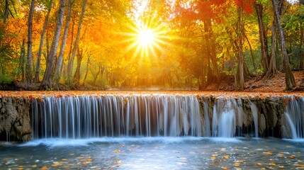 Tranquil Autumn Waterfall Surrounded by Vibrant Foliage and Bathed in Warm Sunset Light