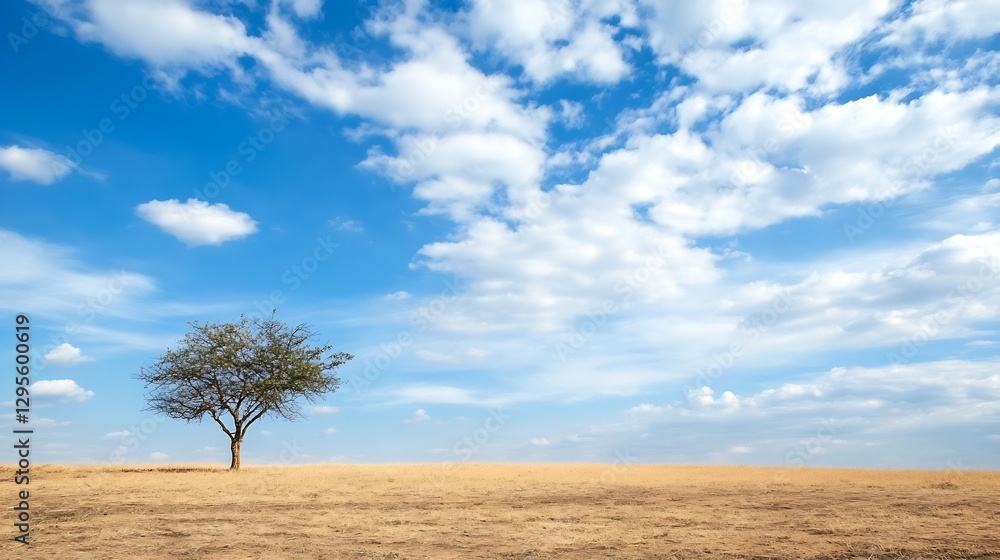 Leinwandbilder isolated tree standing alone on a dry field under a bright blue sky with fluffy clouds : generative 