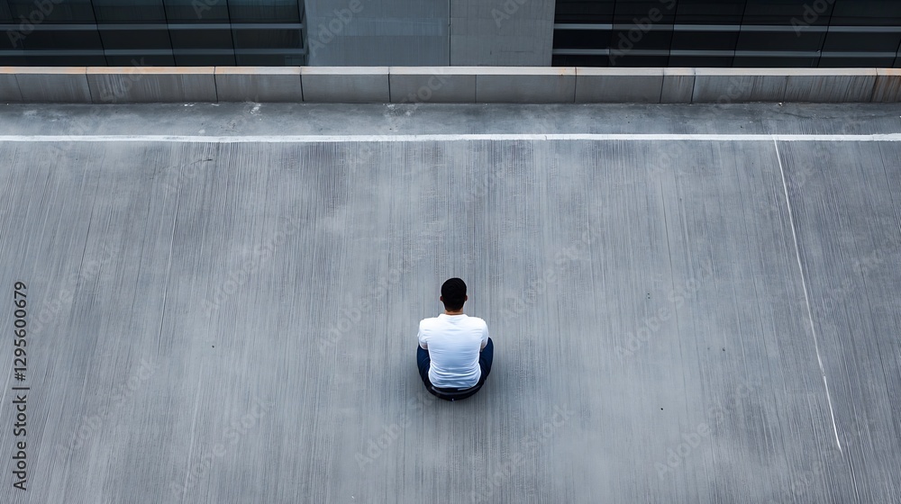 Poster A solitary figure sitting alone on a vast empty rooftop conveying feelings of isolation and reflection : Generative AI