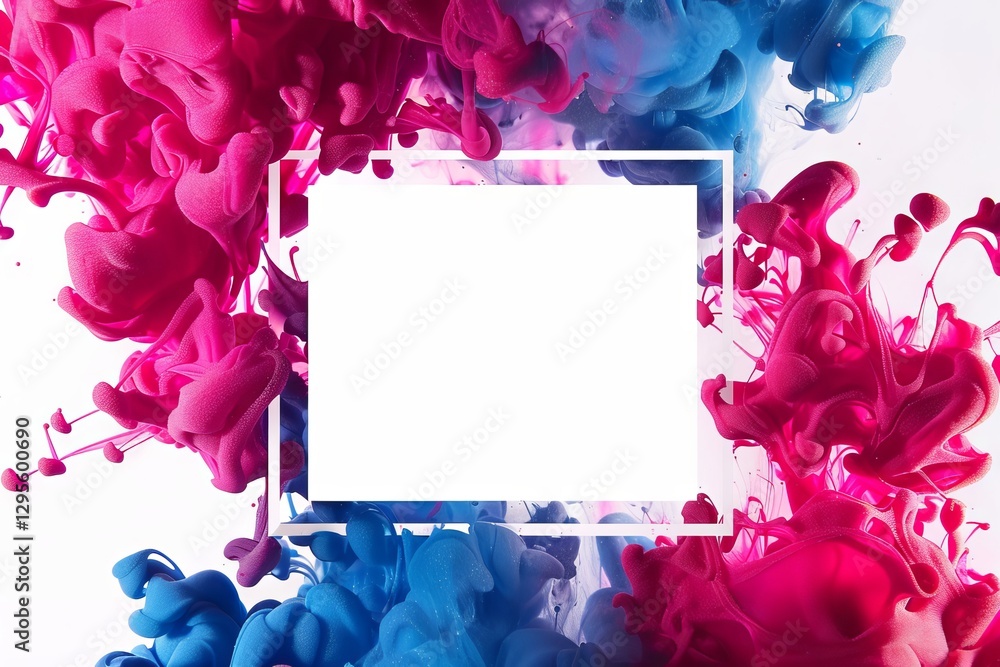 Poster colorful ink swirl in water with square frame and copy space, isolated on white background for banne