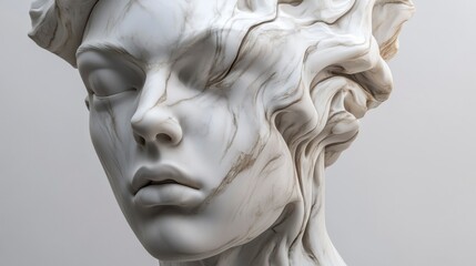 Hyperrealistic marble bust sculpture art gallery digital artwork contemporary setting close-up aesthetic design inspiration