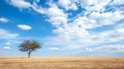 Fototapeta premium Isolated tree standing alone on a dry field under a bright blue sky with fluffy clouds : Generative AI