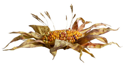 Obraz premium Indian corn cob with dried leaves on transparent background