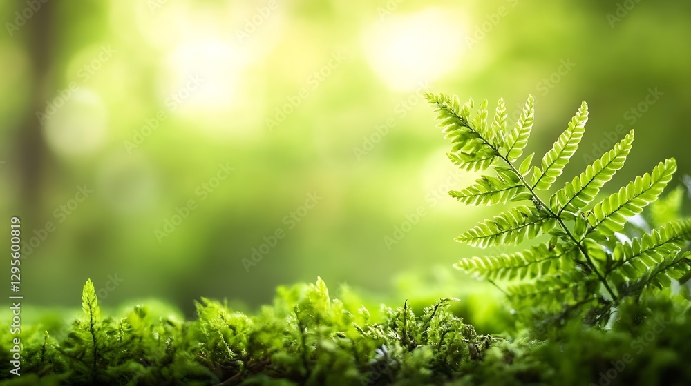 Poster Lush Green Ferns and Moss Creating a Vibrant Forest Floor Illuminated by Soft Natural Light : Generative AI