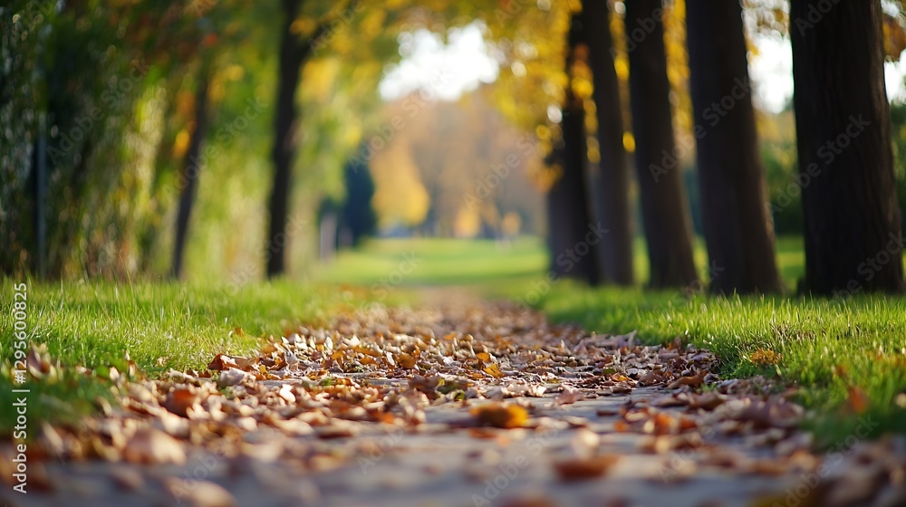 Poster vibrant autumn pathway lined with trees and colorful fallen leaves : generative ai