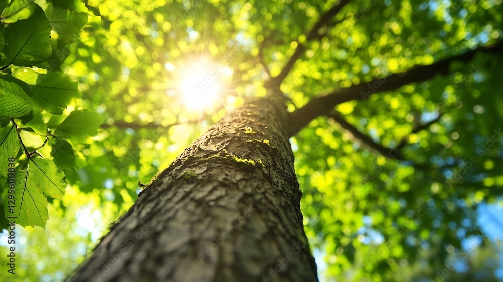 Poster majestic perspective of a towering tree illuminated by sunlight filtering through green leaves : gen
