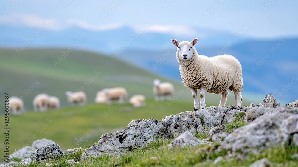 Poster Curious Sheep Standing in a Green Meadow with Mountains in the Background : Generative AI