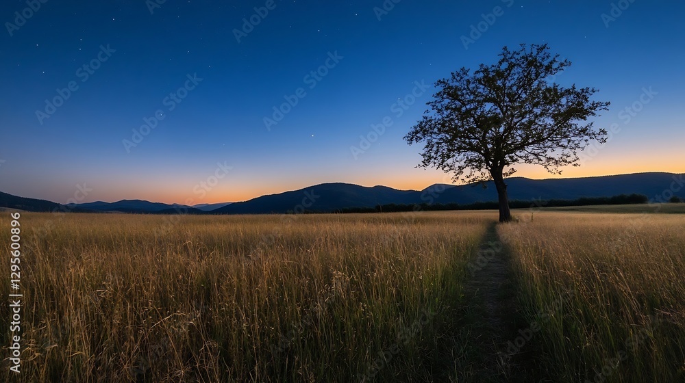 Aufkleber Isolated Tree Silhouetted Against a Twilight Sky in Open Field : Generative AI
